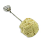 Metal fire hoop handle with pale yellow-green braided wick head, close-up.